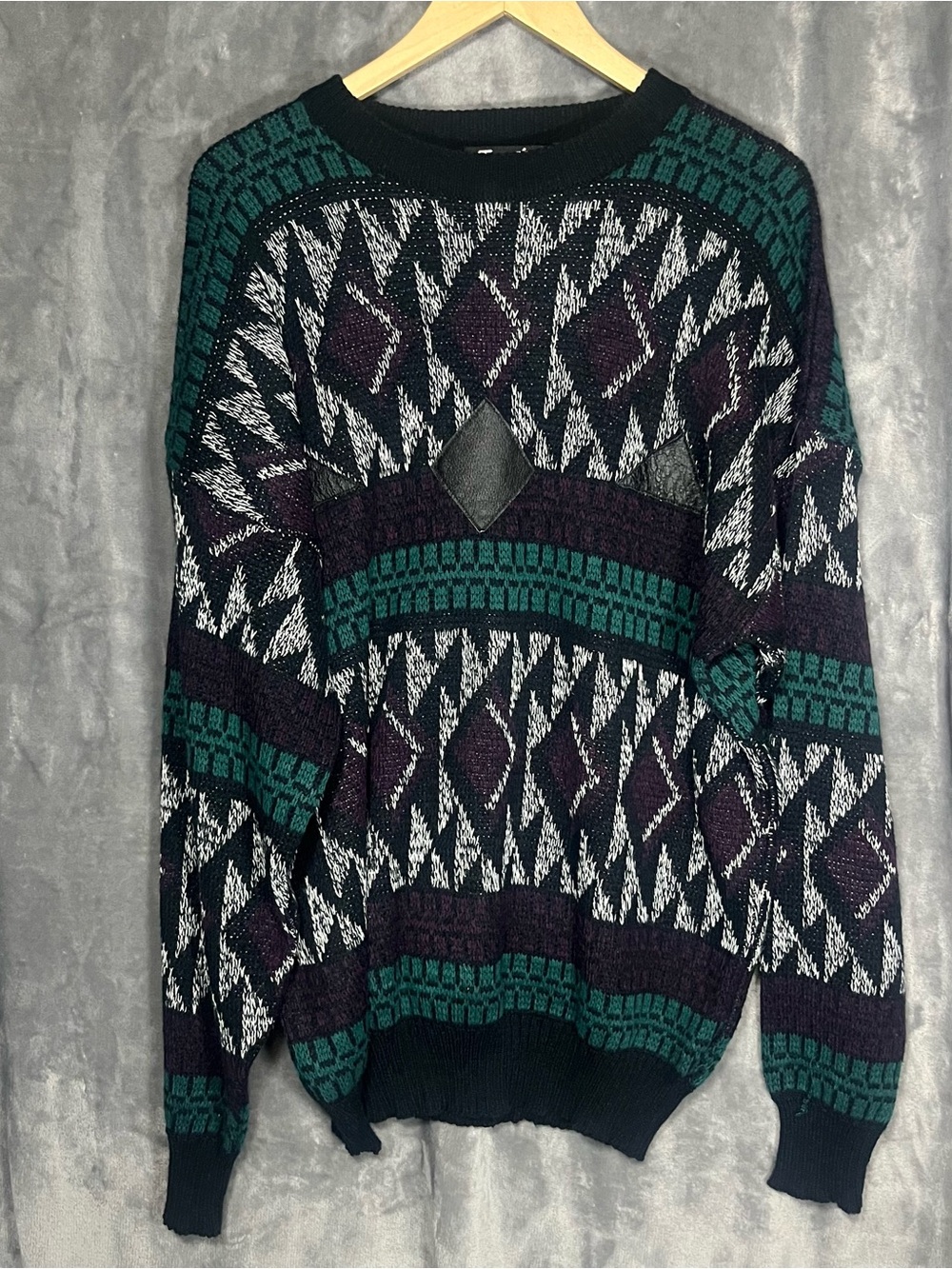 Impact Textured Green and Purple Geometric Crewneck Sweater